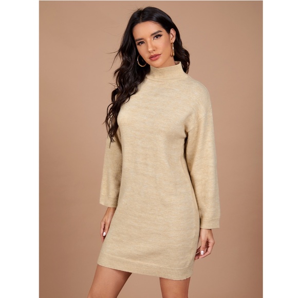 Beige Knit Stand Collar Short Dress - Picture 5 of 7